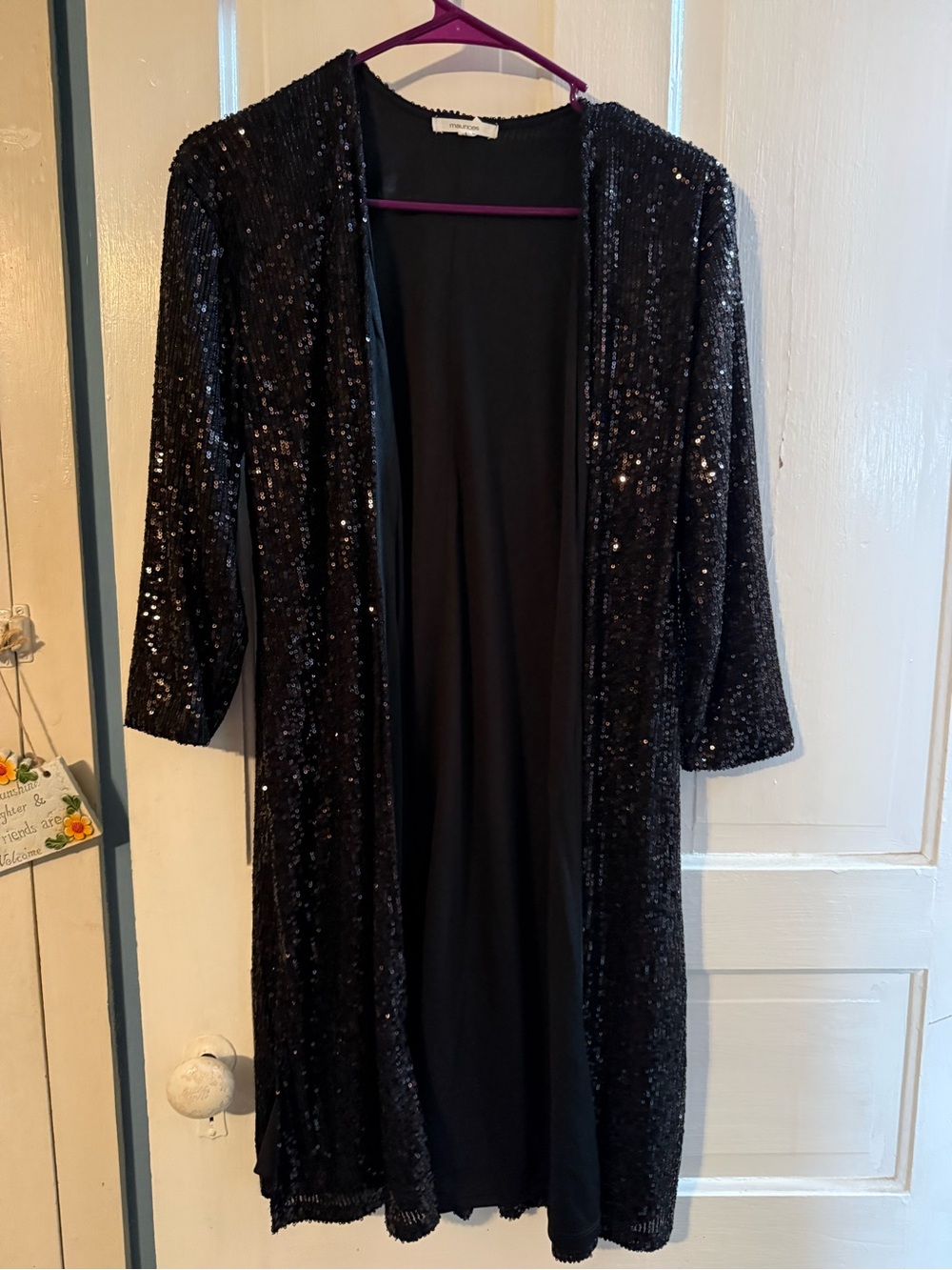 Maurices Black Sequin Open-Front Long Duster